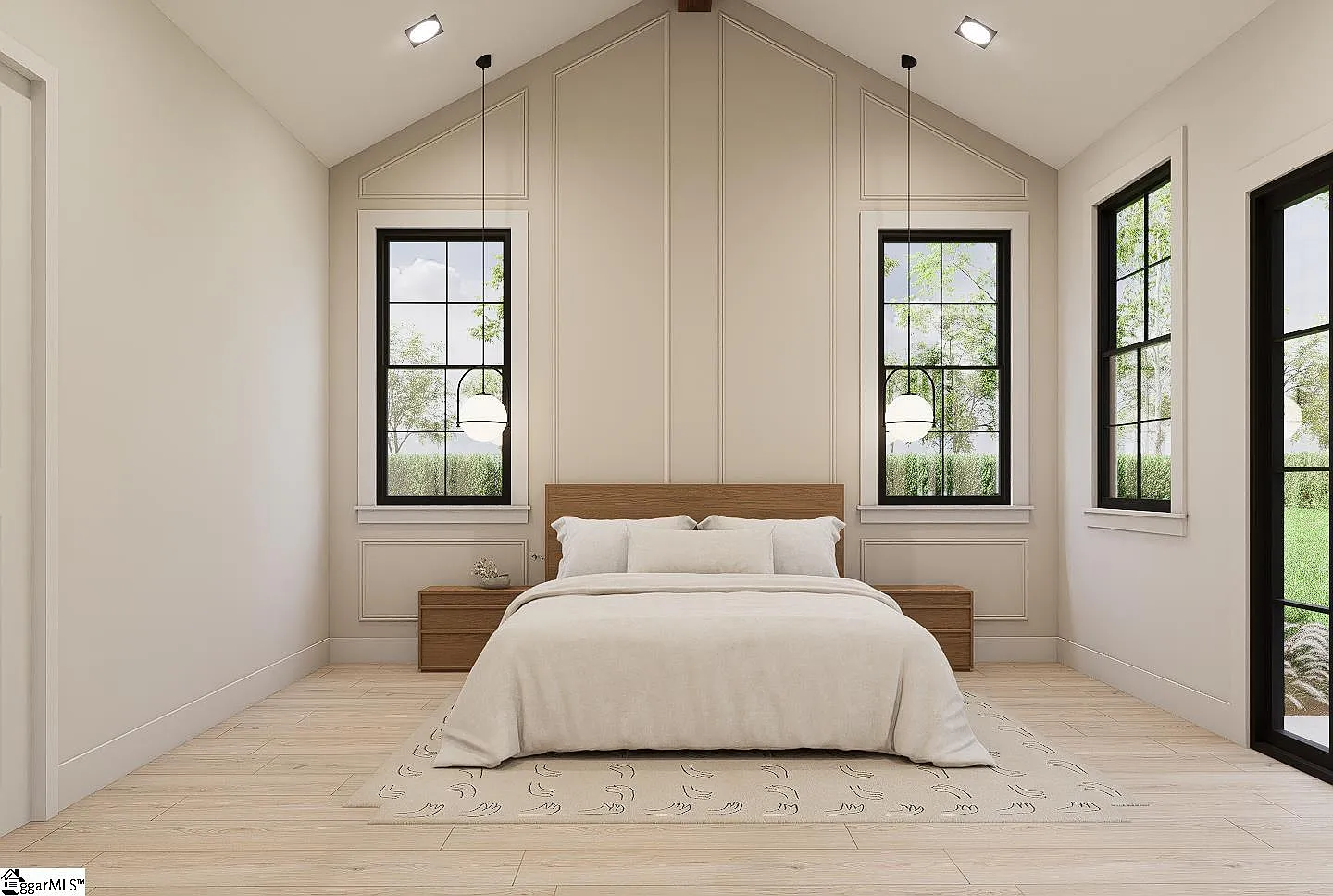 Bright bedroom interior with natural morning light streaming through windows