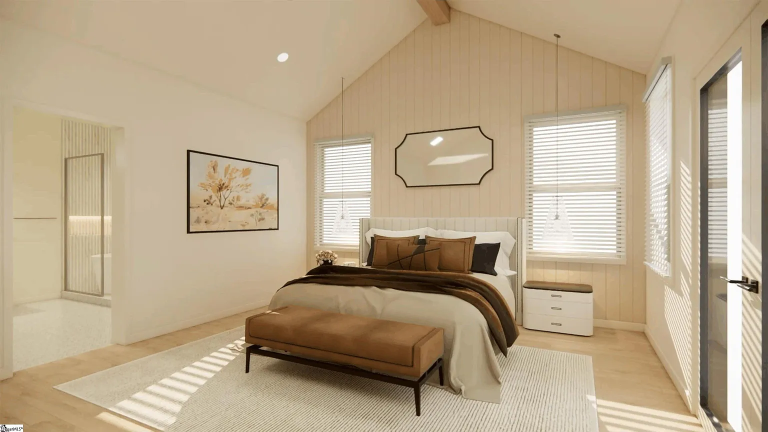 Bright bedroom interior with natural morning light streaming through windows