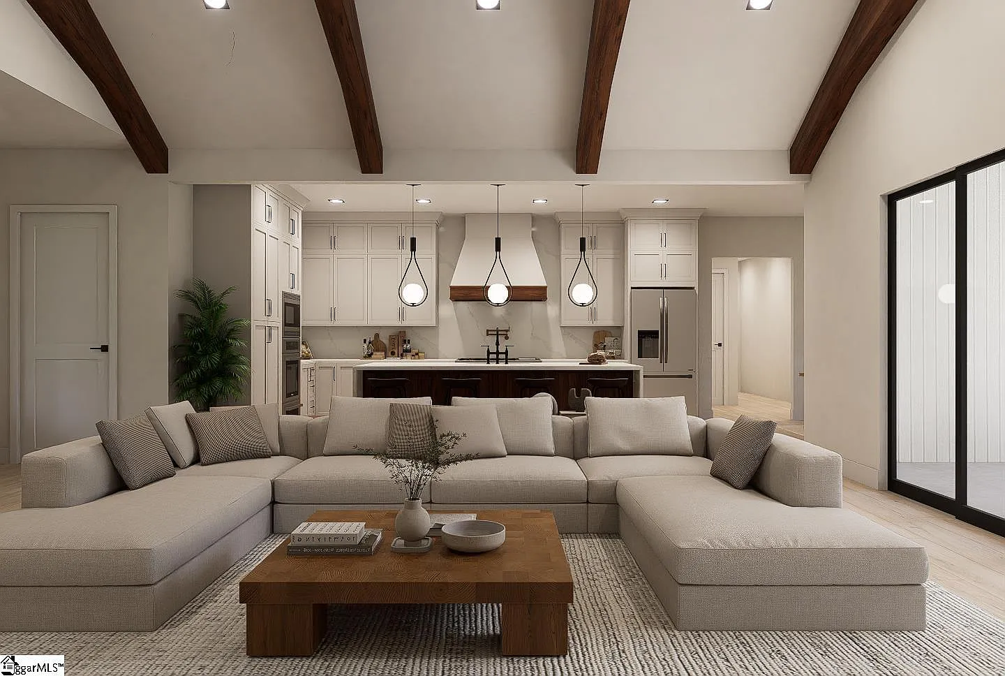 Luxury modern farmhouse great room with vaulted ceilings, exposed wood beams, open-concept kitchen and living area with floor-to-ceiling windows